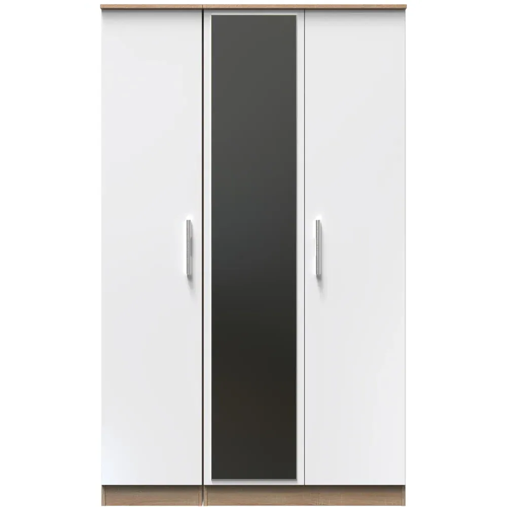 3 Door Tall Mirrored Wardrobe - White, Bardolino Oak