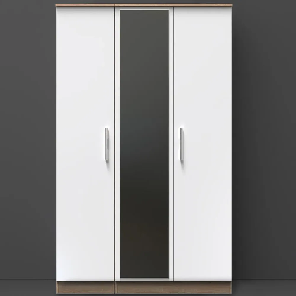 3 Door Tall Mirrored Wardrobe - White, Bardolino Oak image