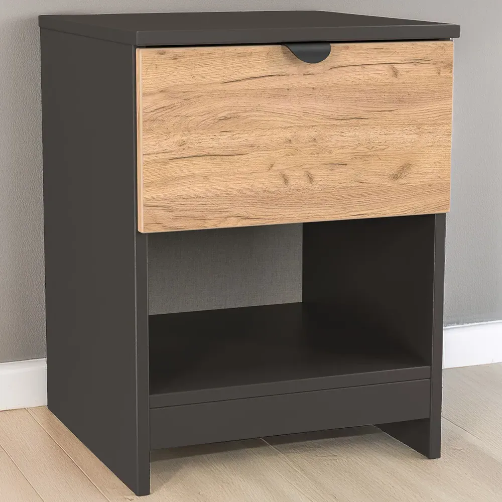 Bora 1 Drawer Bedside Cabinet with Shelf - Grey, Oak