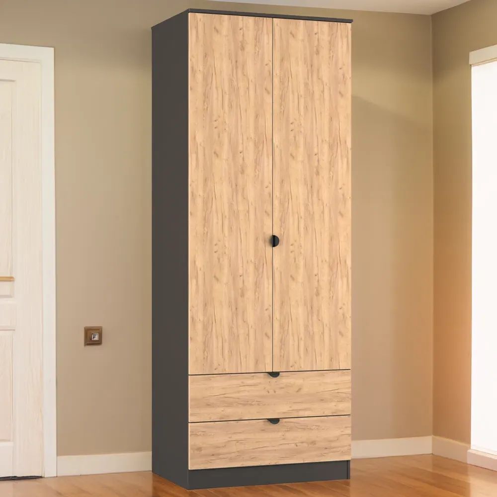 Bora 2 Door 2 Drawer Tall Double Wardrobe - Grey, Oak