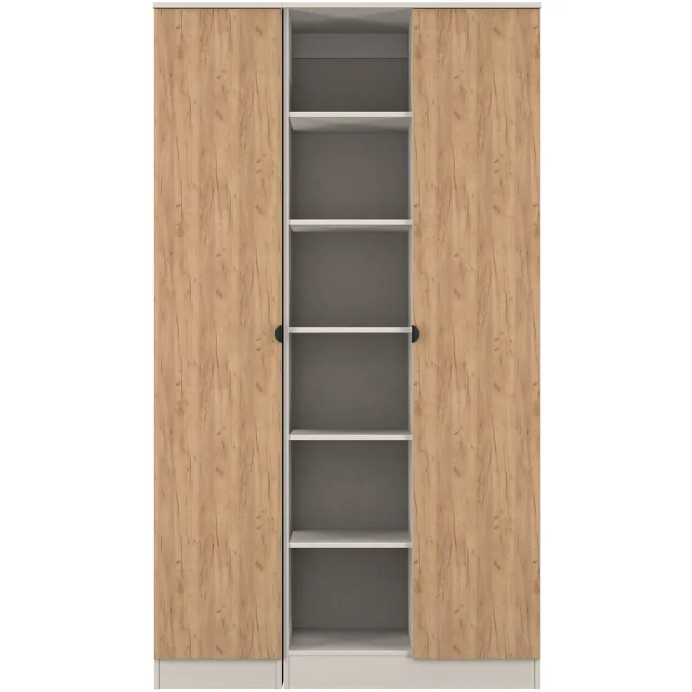 Bora 2 Door Triple Wardrobe with 6 Shelves - Cream, Gold Oak
