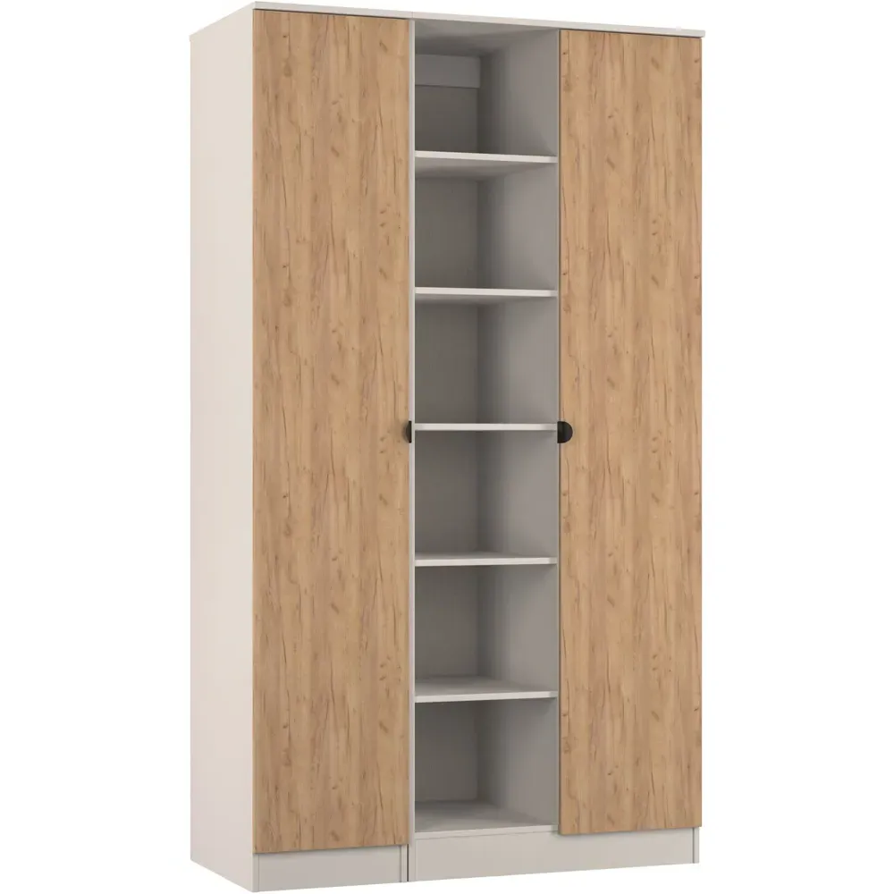 Bora 2 Door Triple Wardrobe with 6 Shelves - Cream, Gold Oak