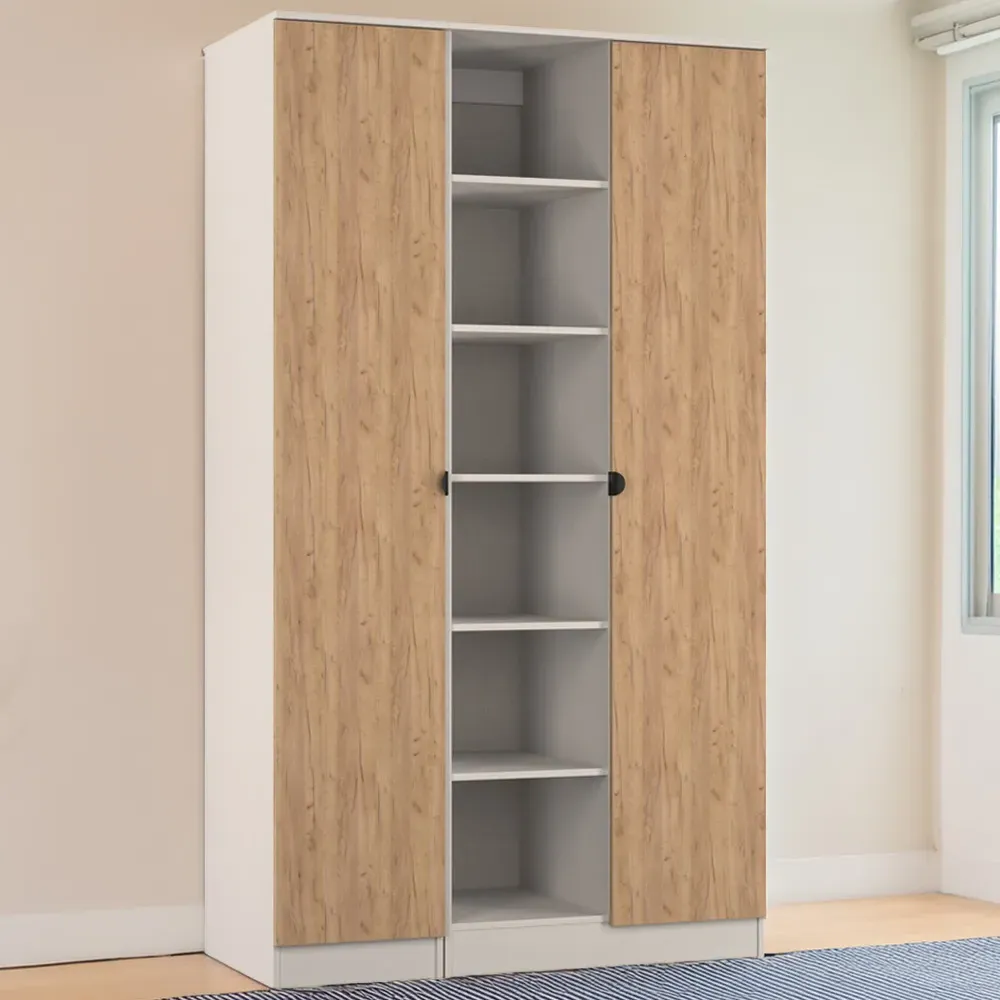Bora 2 Door Triple Wardrobe with 6 Shelves - Cream, Gold Oak