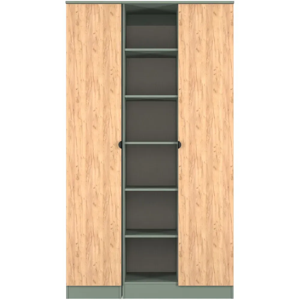 Bora 2 Door Triple Wardrobe with 6 Shelves - Green, Gold Oak