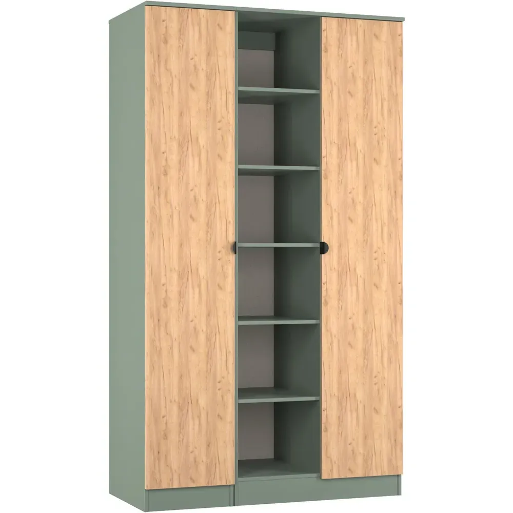 Bora 2 Door Triple Wardrobe with 6 Shelves - Green, Gold Oak