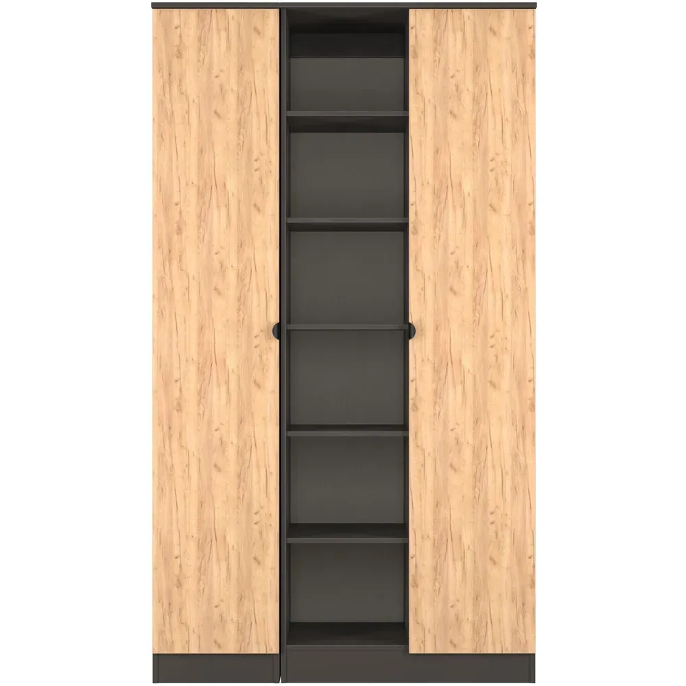 Bora 2 Door Triple Wardrobe with 6 Shelves - Grey, Gold Oak