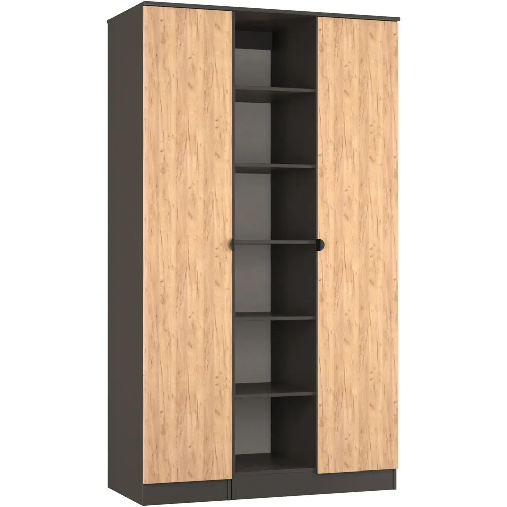 Bora 2 Door Triple Wardrobe with 6 Shelves - Grey, Gold Oak