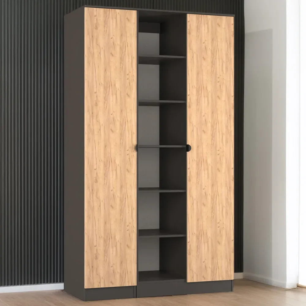 Bora 2 Door Triple Wardrobe with 6 Shelves - Grey, Gold Oak