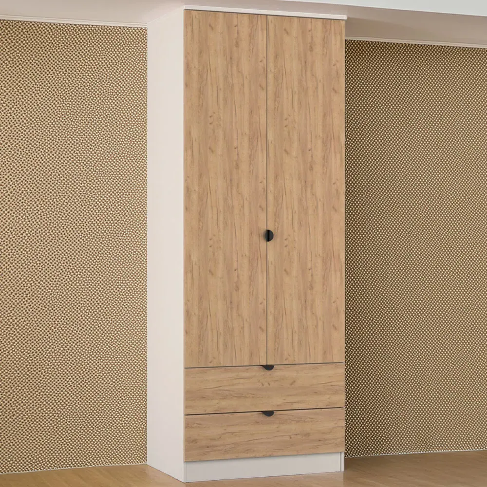 Bora 2 Door Wardrobe with Drawers - Cream, Gold Oak