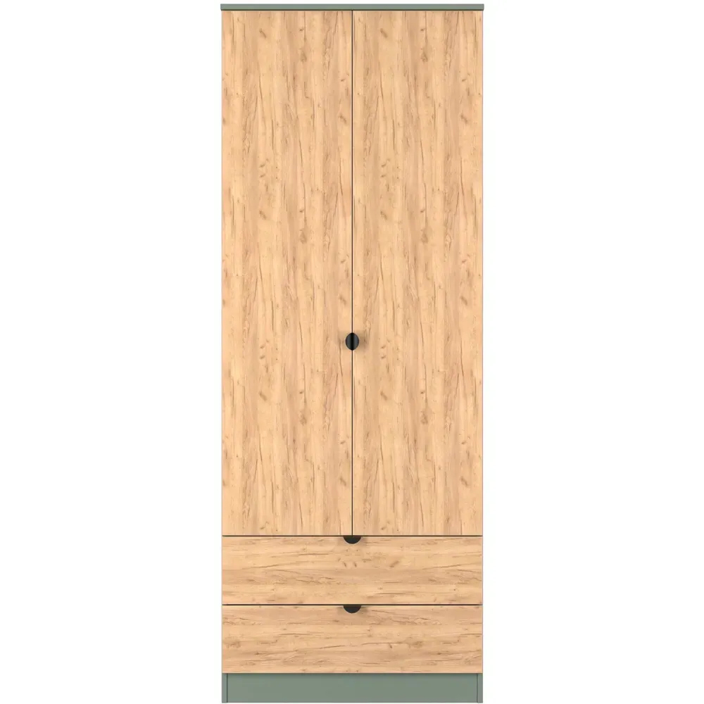 Bora 2 Door Wardrobe with Drawers - Green, Gold Oak