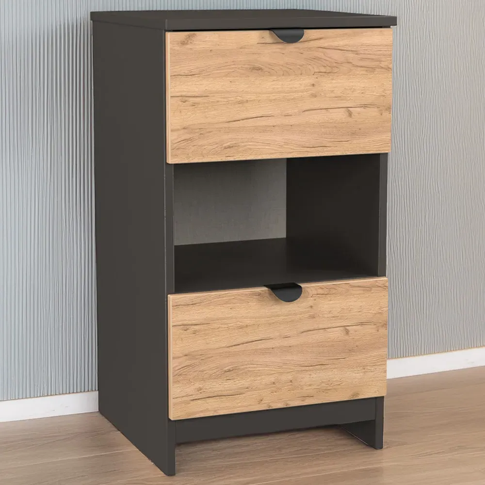 Bora 2 Drawer Bedside Cabinet with Shelf - Grey, Oak