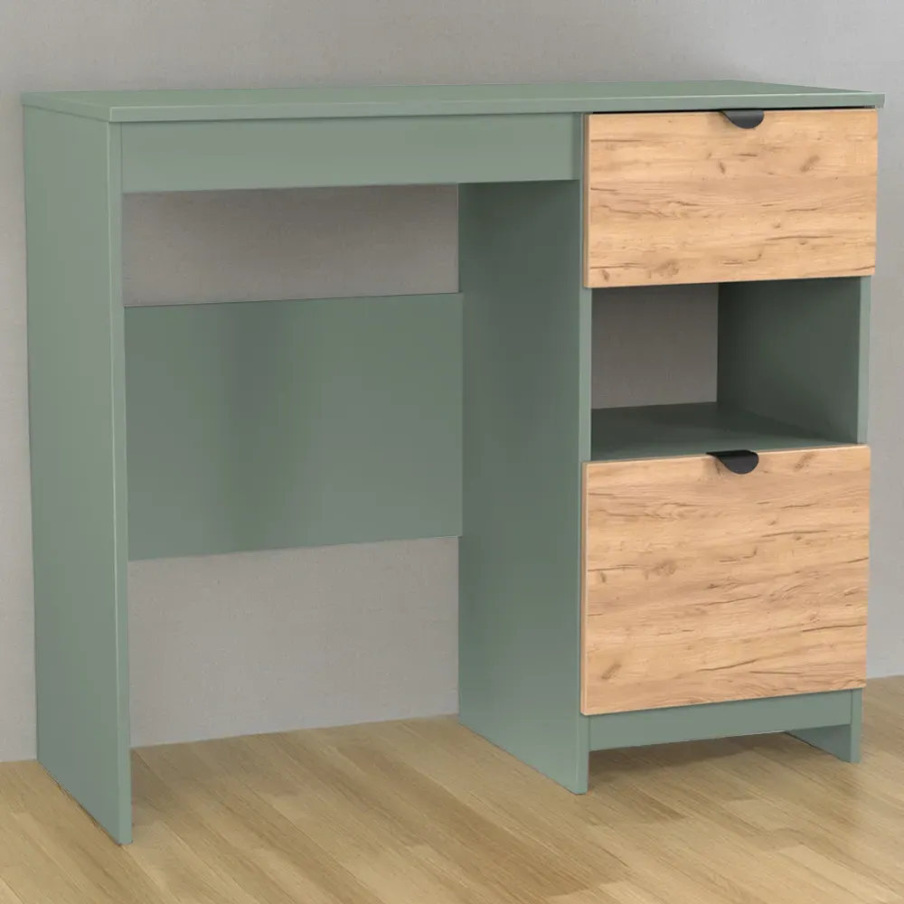 Bora 2 Drawer Vanity with Shelf - Green, Oak