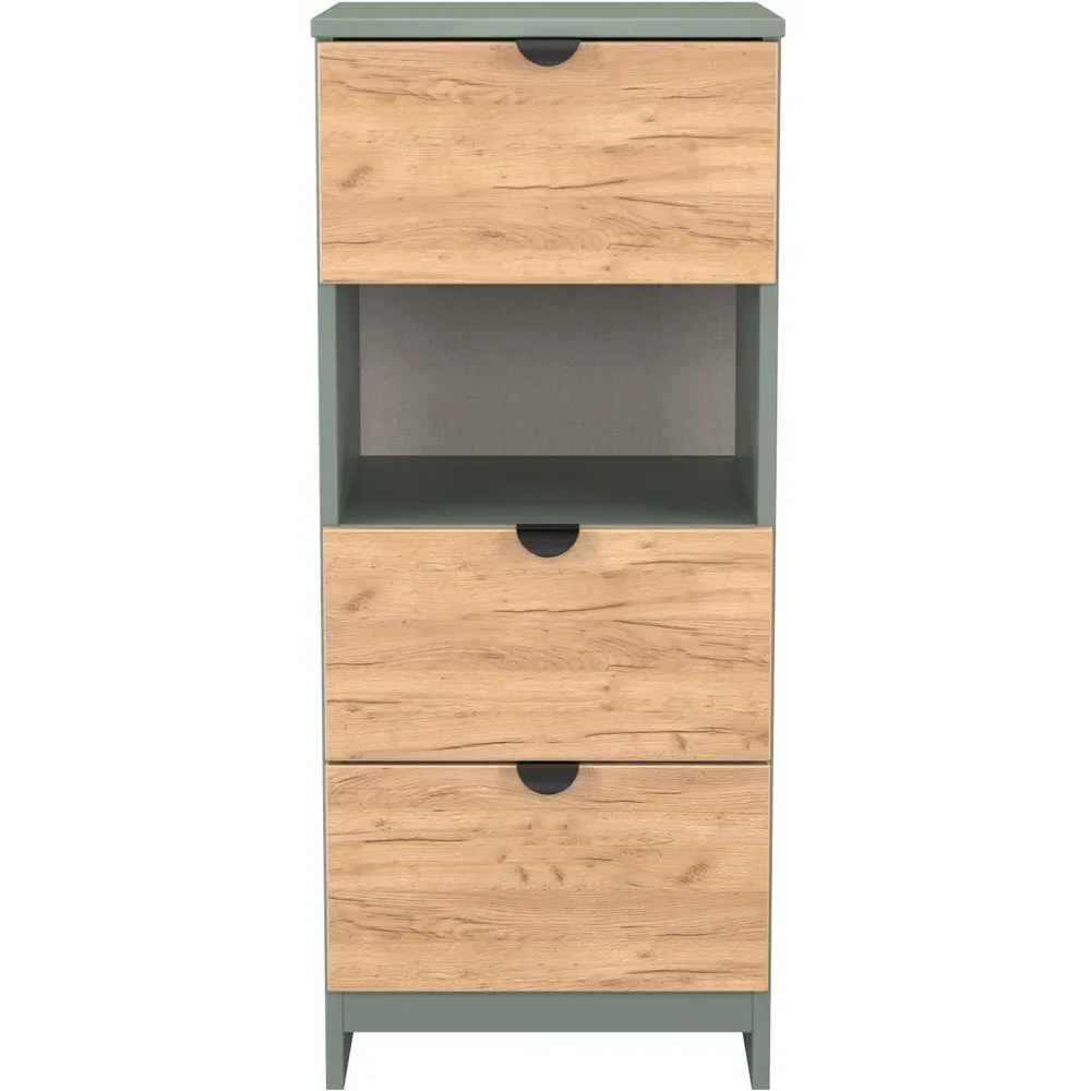 Bora 3 Drawer Bedside Cabinet with Shelf - Green, Oak