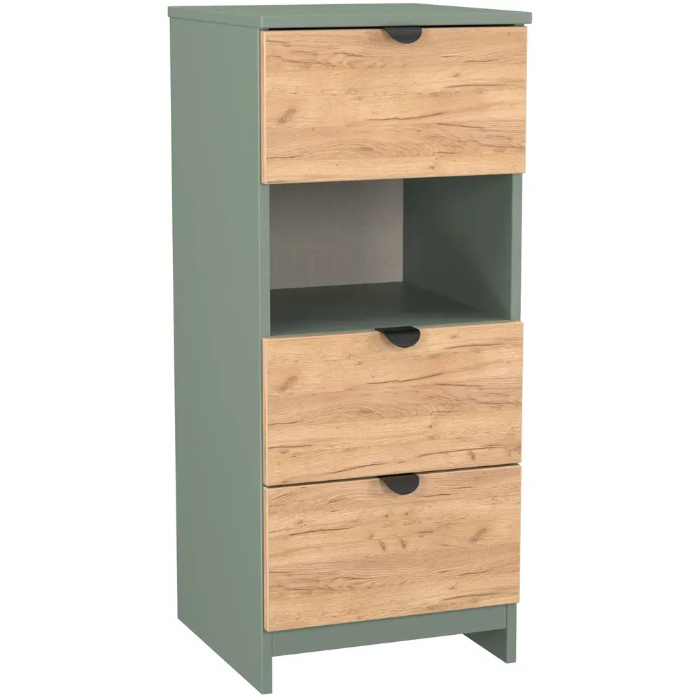 Bora 3 Drawer Bedside Cabinet with Shelf - Green, Oak