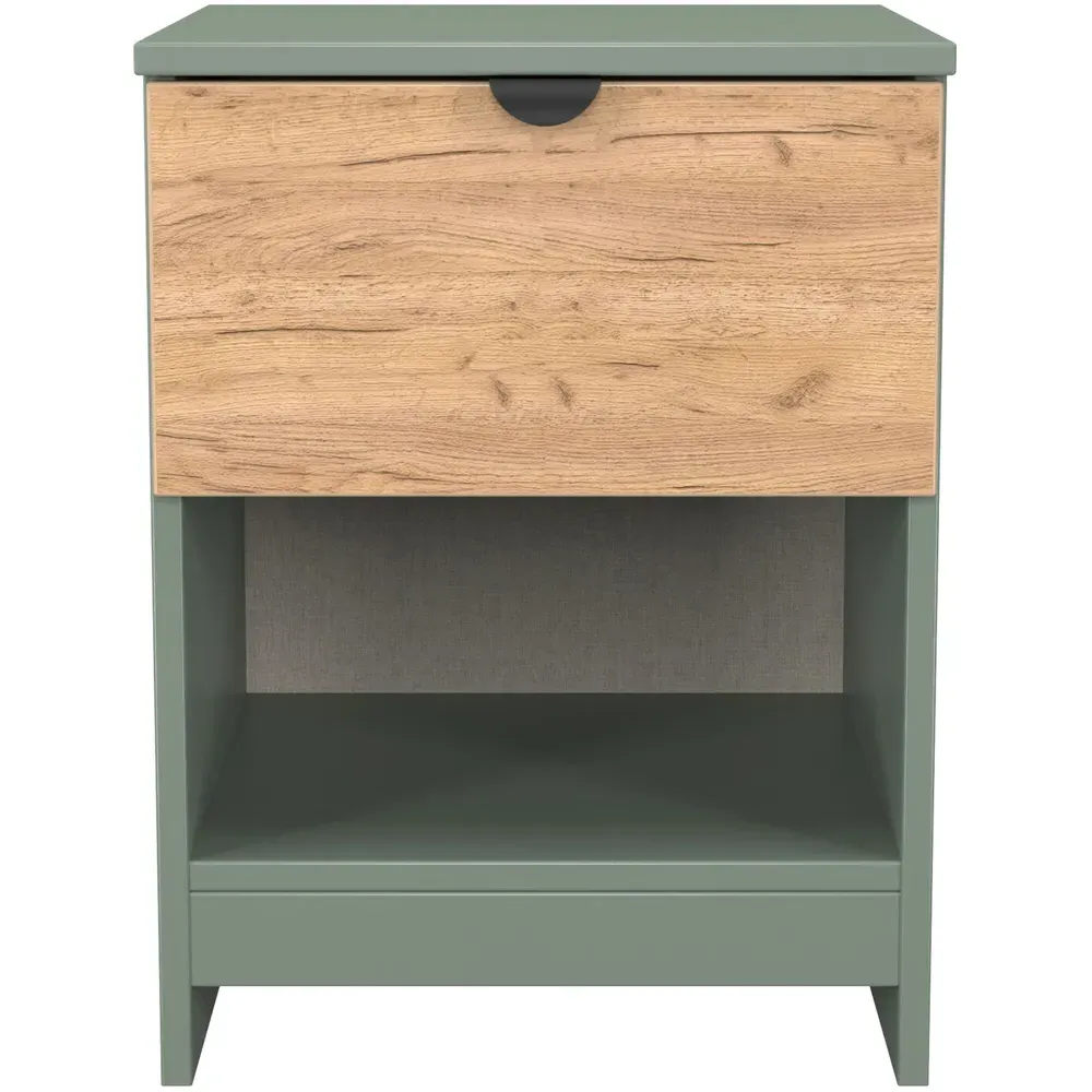 Bora Single Drawer Bedside Cabinet with Shelf - Green, Oak