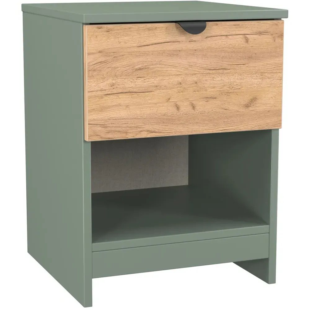 Bora Single Drawer Bedside Cabinet with Shelf - Green, Oak