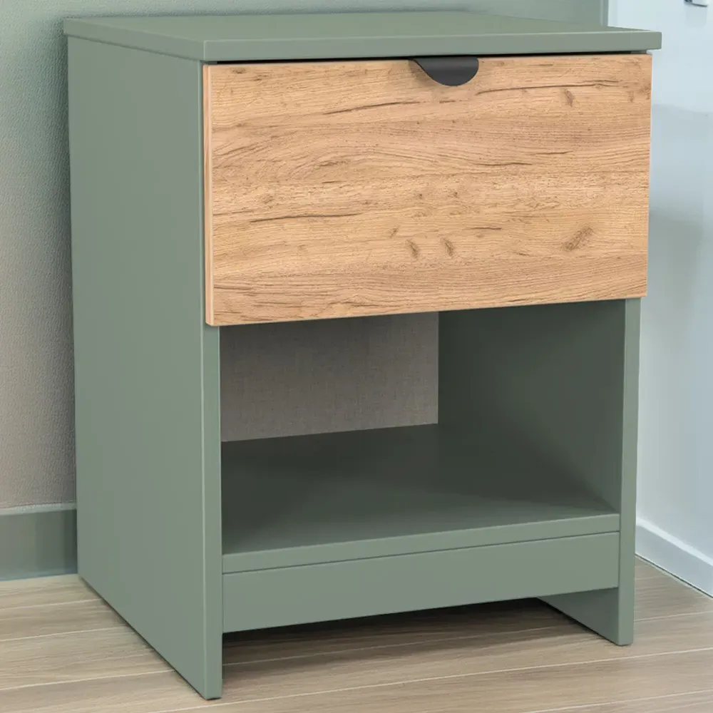 Bora Single Drawer Bedside Cabinet with Shelf - Green, Oak