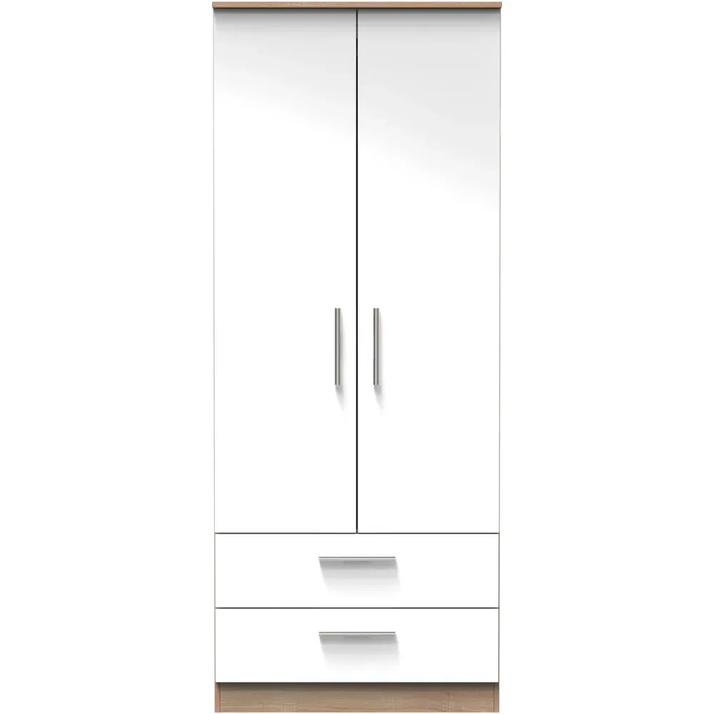 Contrast 2 Door 2 Drawer Tall Wardrobe Ready Assembled - White, Oak