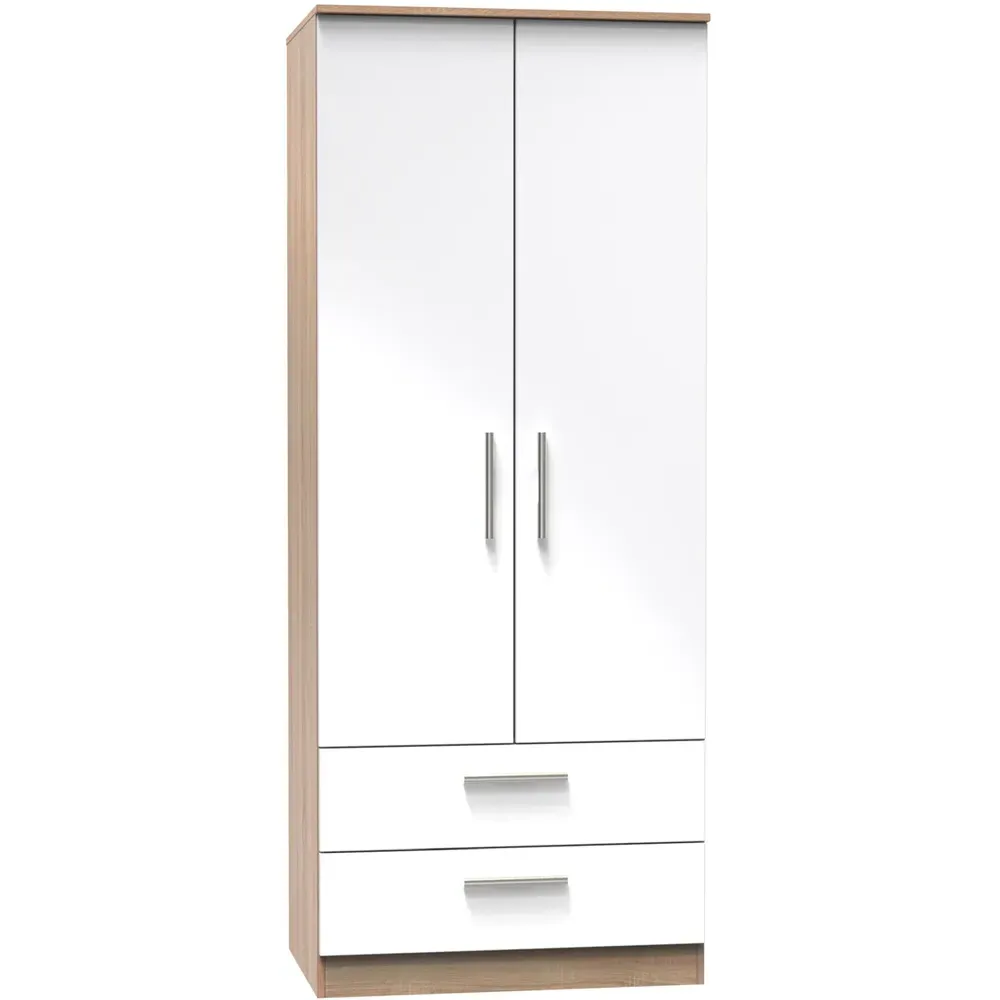 Contrast 2 Door 2 Drawer Tall Wardrobe Ready Assembled - White, Oak