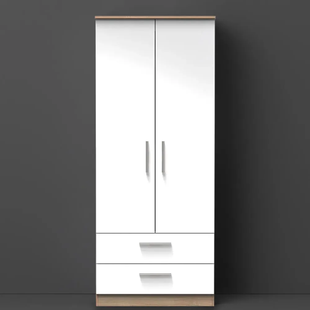 Contrast 2 Door 2 Drawer Tall Wardrobe Ready Assembled - White, Oak