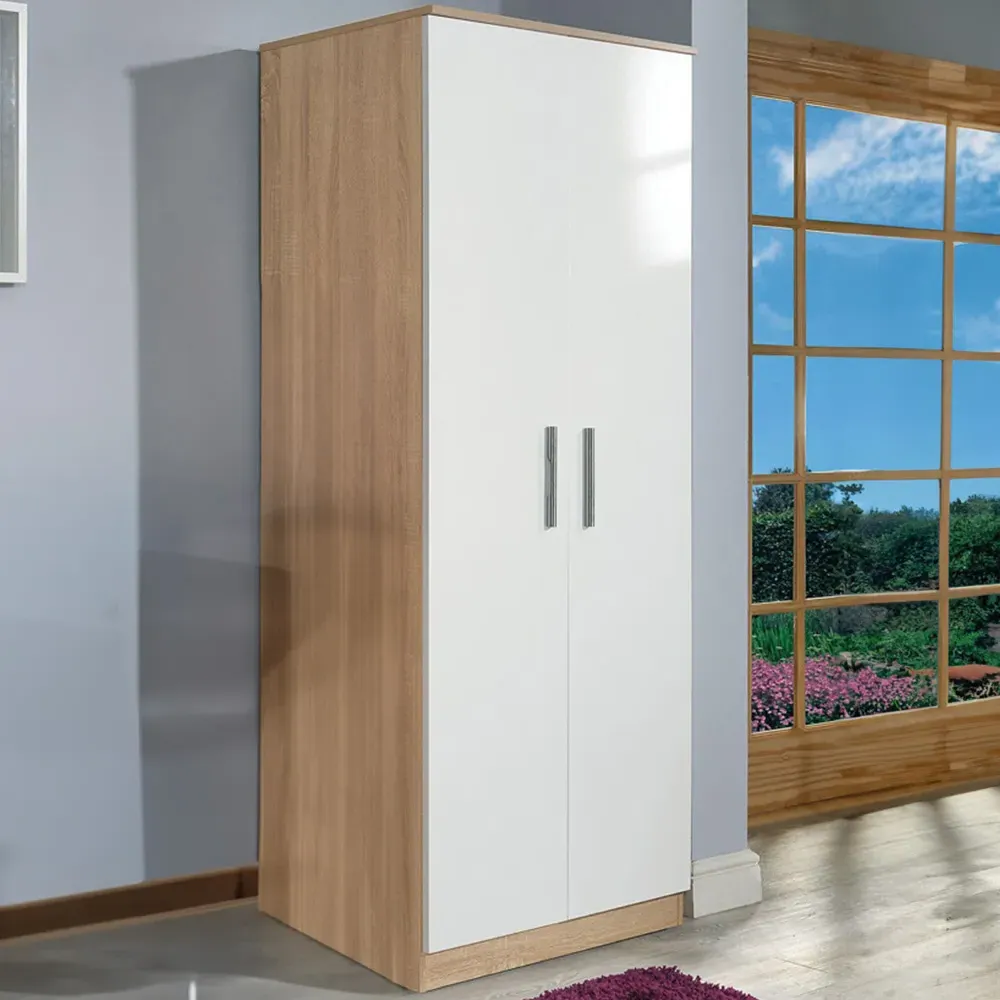 Contrast 2 Door Tall Wardrobe Ready Assembled - White, Oak