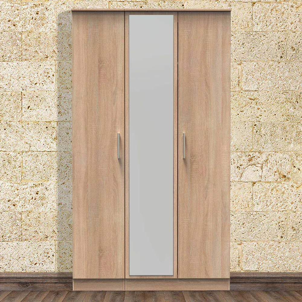Devon 3 Door Wardrobe with Mirror - Brown, Oak image