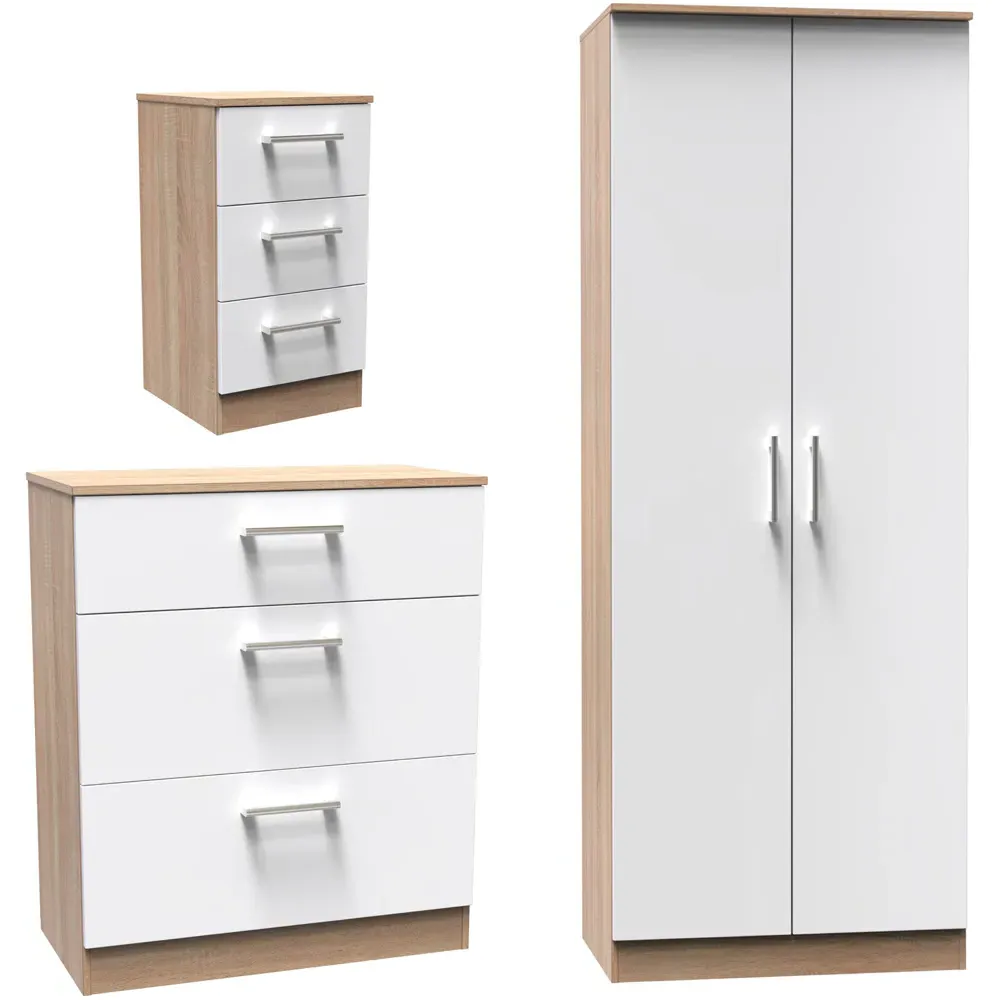 Devon 3 Piece Bedroom Furniture Set - White, Oak