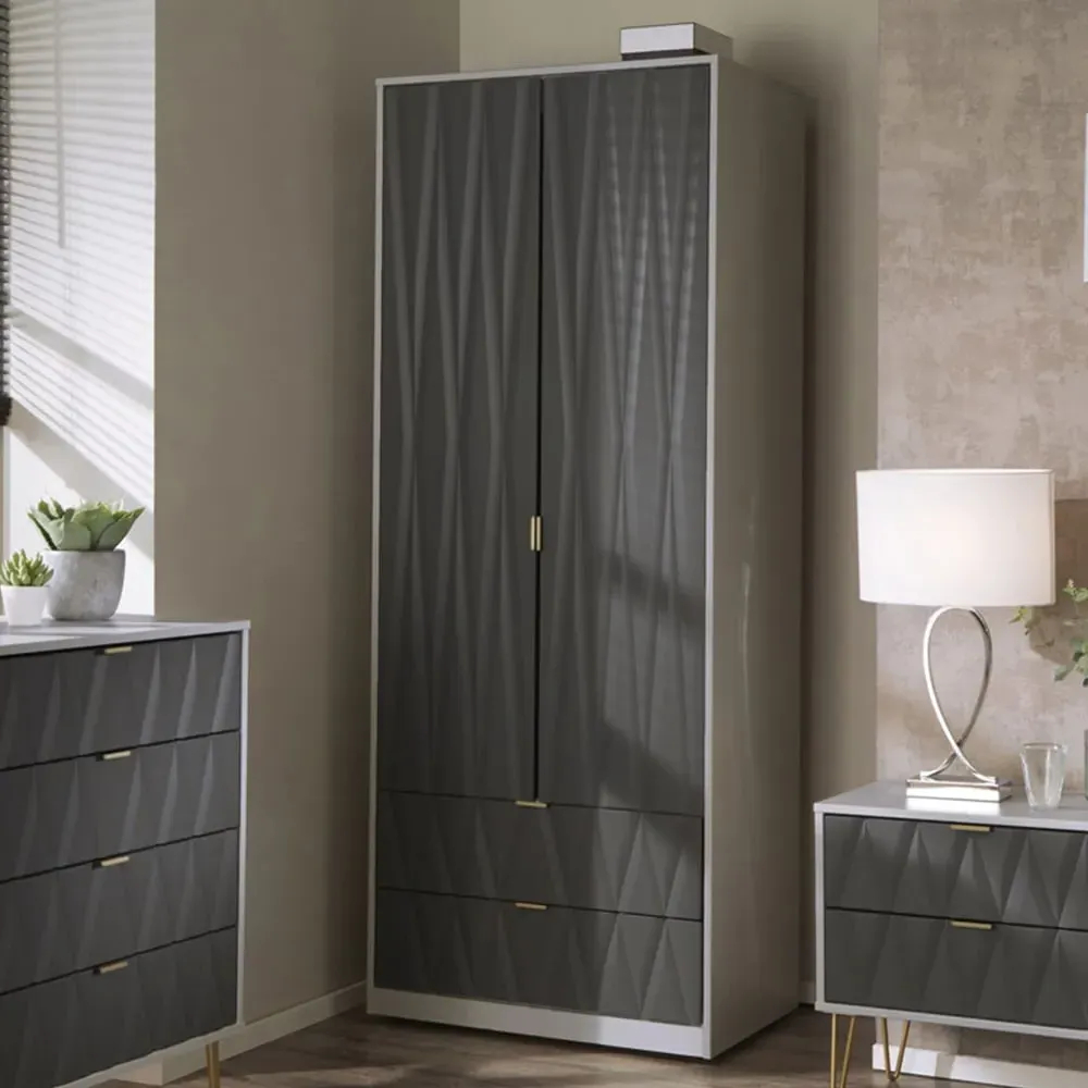 Diamond 2 Door 2 Drawer Tall Double Wardrobe - Matt Shadow Grey