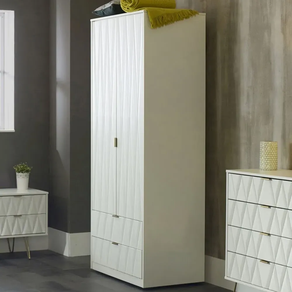 Diamond 2 Door 2 Drawer Tall Double Wardrobe - Matt White