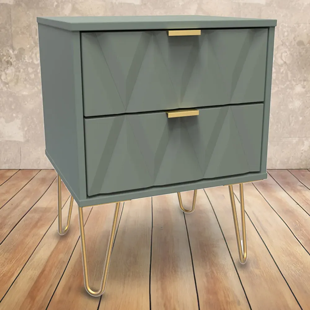 Diamond 2 Drawer Bedside Table - Green
