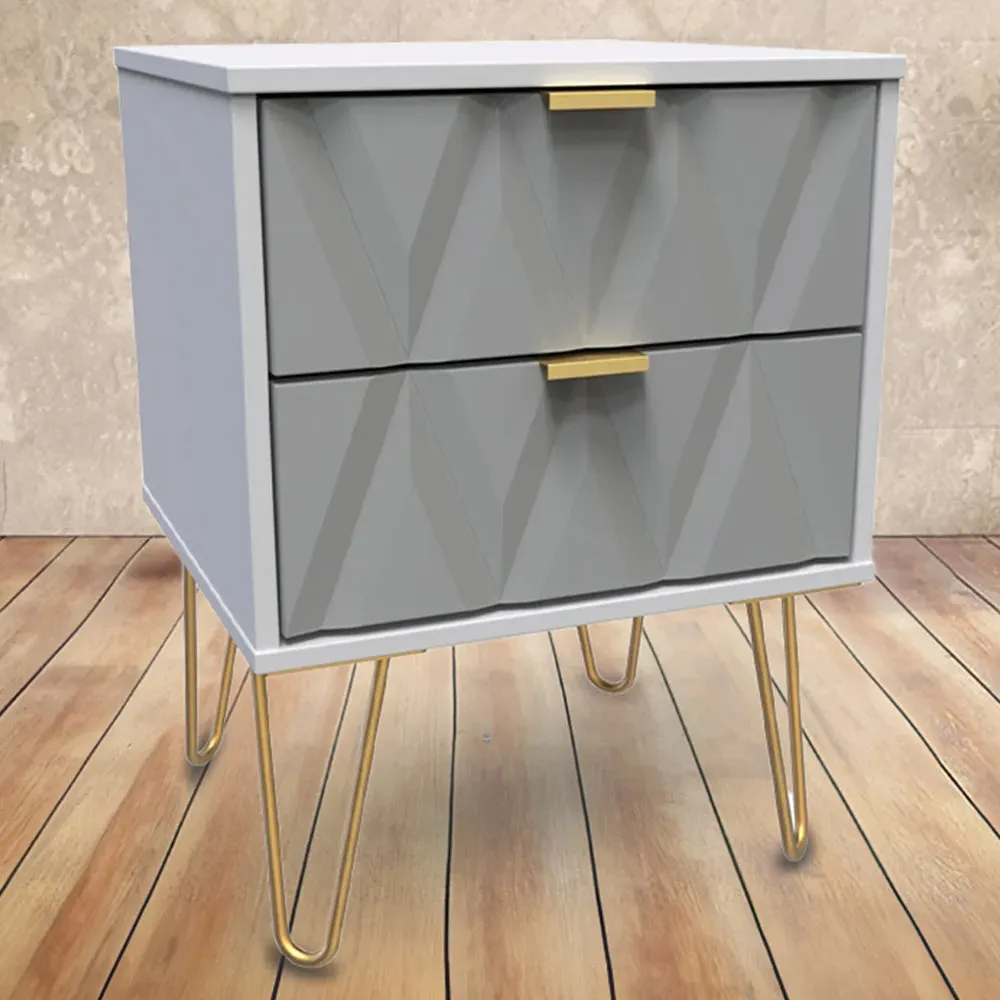 Diamond 2 Drawer Bedside Table - Grey