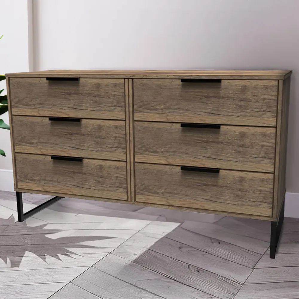 Hong Kong 6 Drawer Midi Chest of Drawers - Brown, Vintage Oak