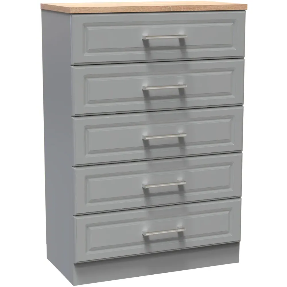 Kent 5 Drawer Chest of Drawers - Dusk Grey, Bardolino Oak