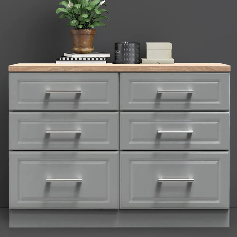 Kent 6 Drawer Midi Chest of Drawers - Dusk Grey, Bardolino Oak