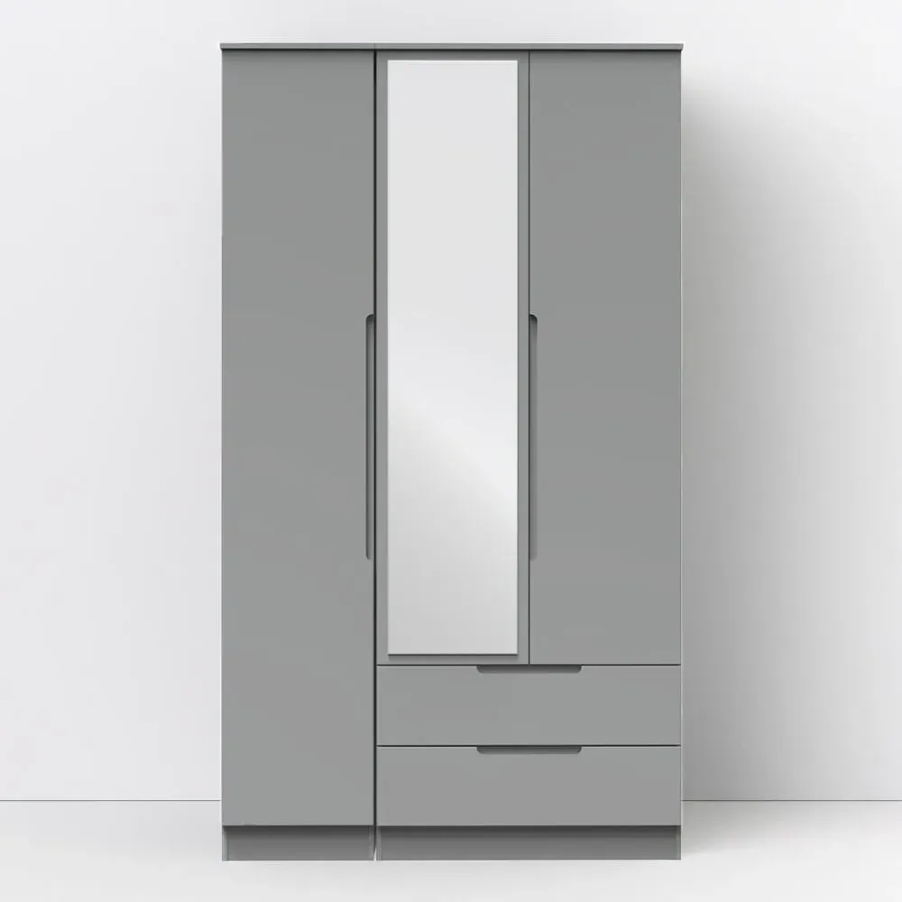 Milan 3 Door 2 Drawer Tall Mirrored Wardrobe - Grey