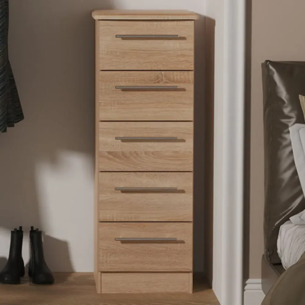 Sherwood 5 Drawer Tall Bedside Cabinet - Brown, Oak