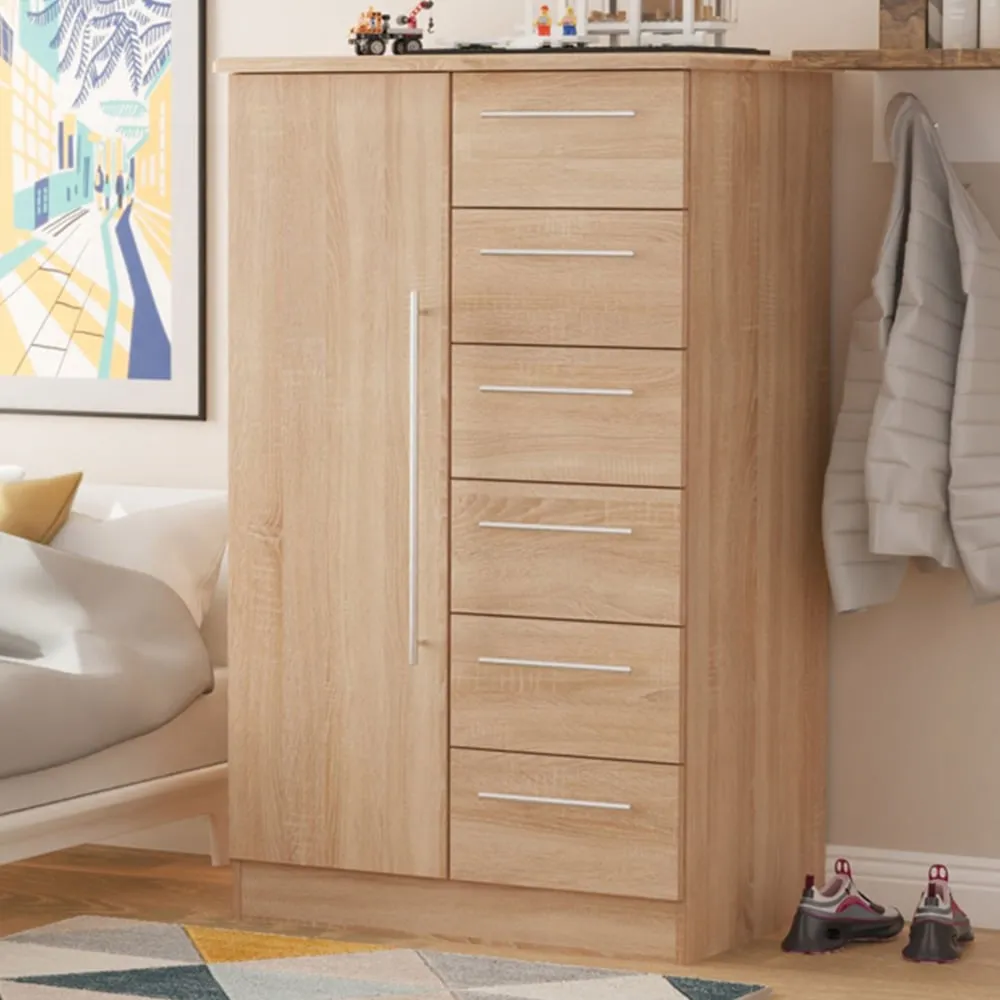 Sherwood Single Door 6 Drawer Wardrobe - Brown, Oak image