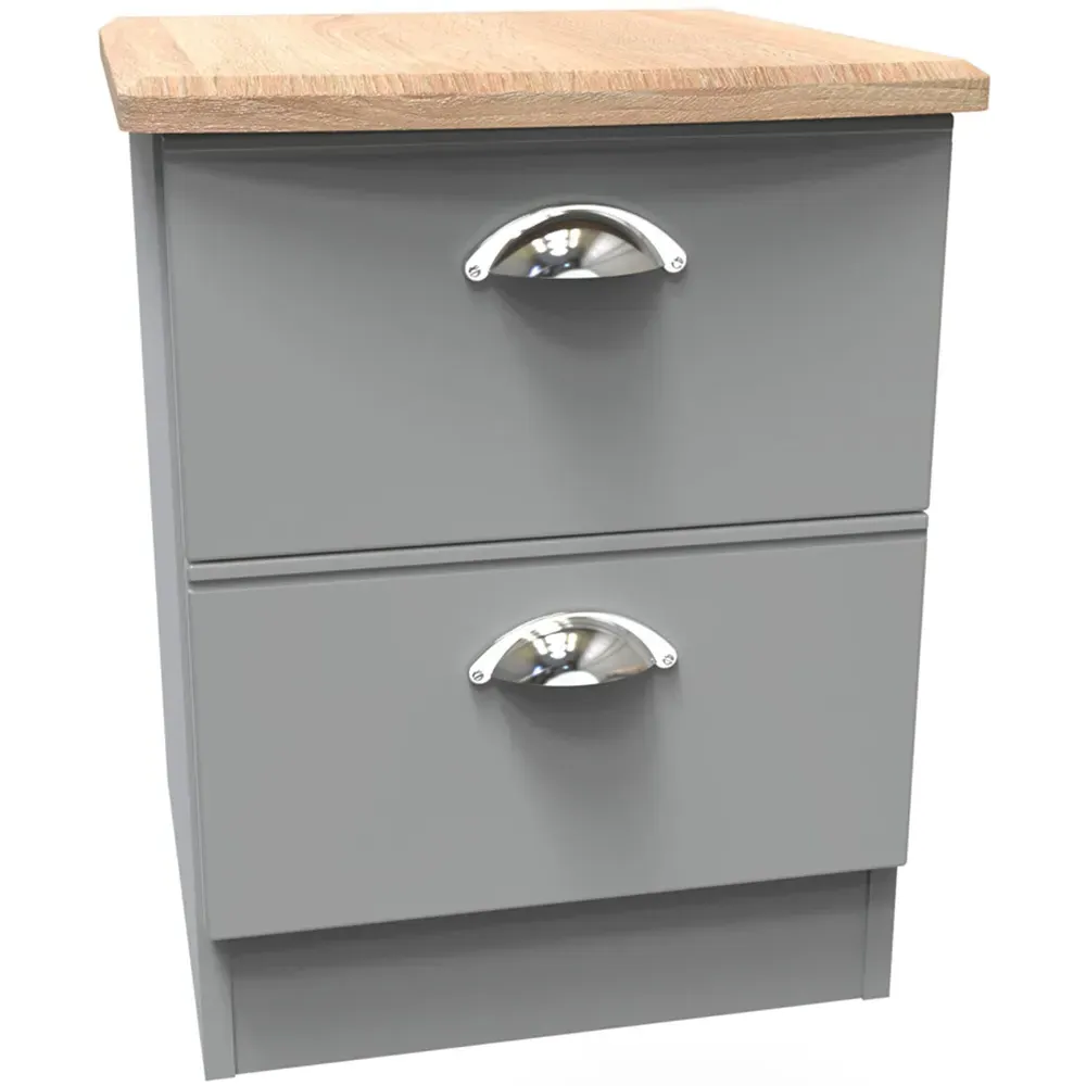 Victoria 2 Drawer Compact Bedside Cabinet - Grey, Oak