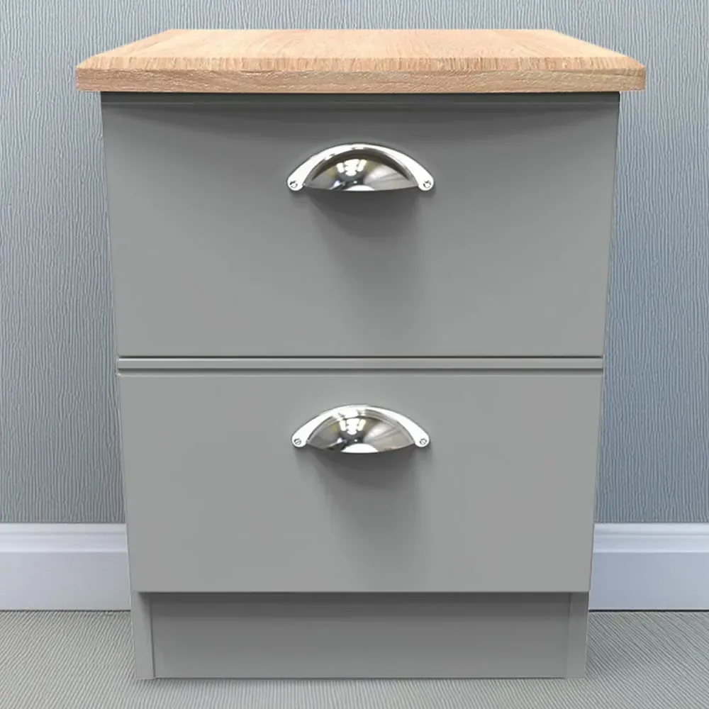 Victoria 2 Drawer Compact Bedside Cabinet - Grey, Oak
