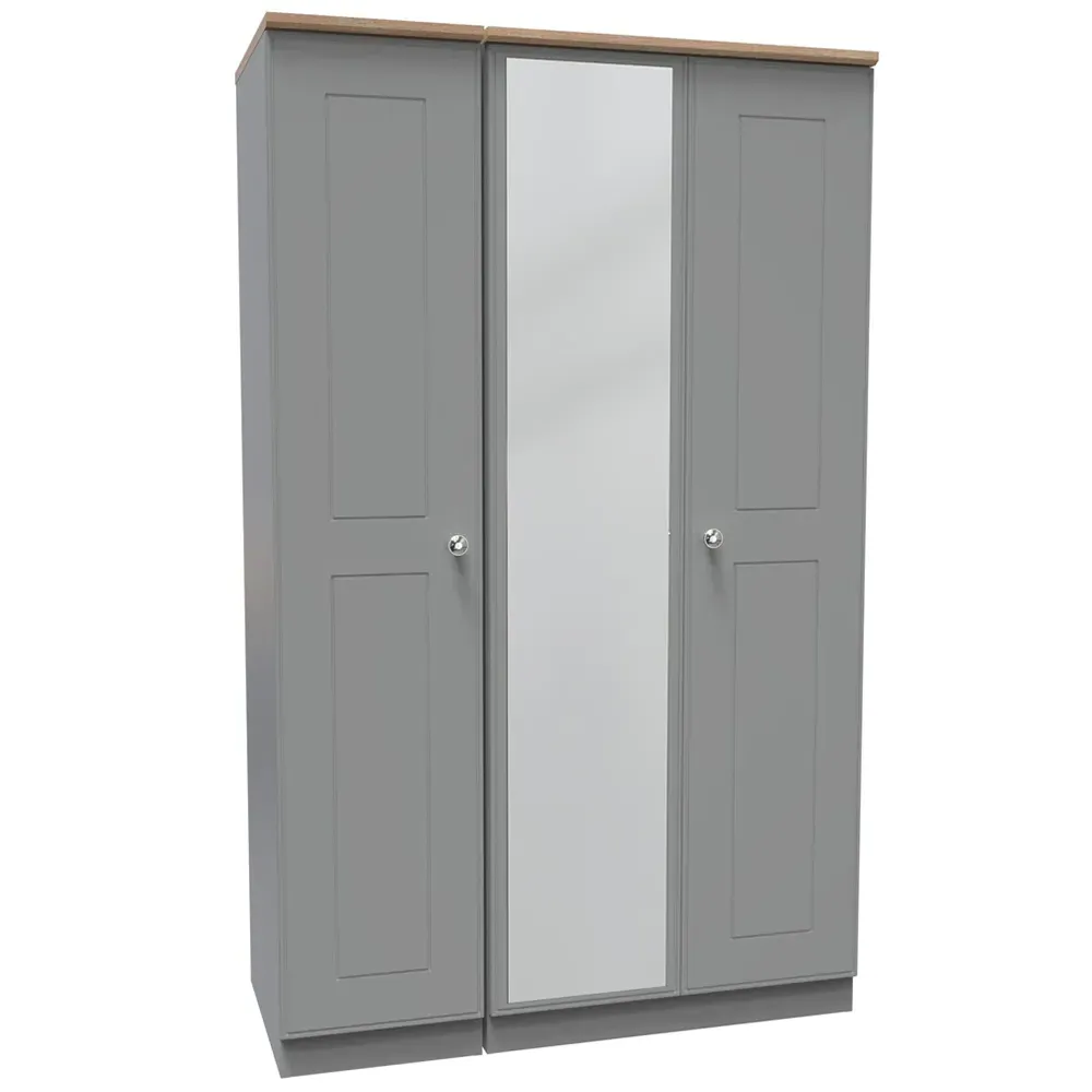 Victoria 3 Door Wardrobe with Mirror - Grey, Oak