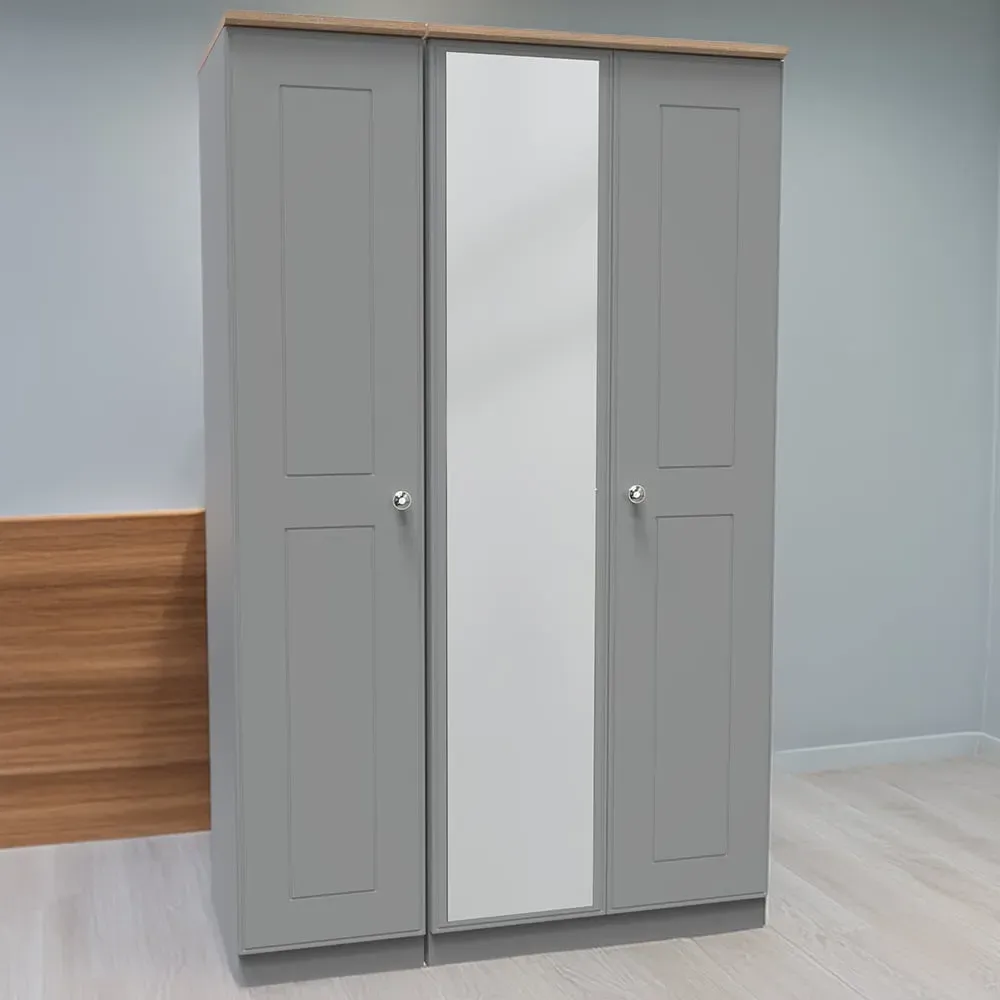 Victoria 3 Door Wardrobe with Mirror - Grey, Oak