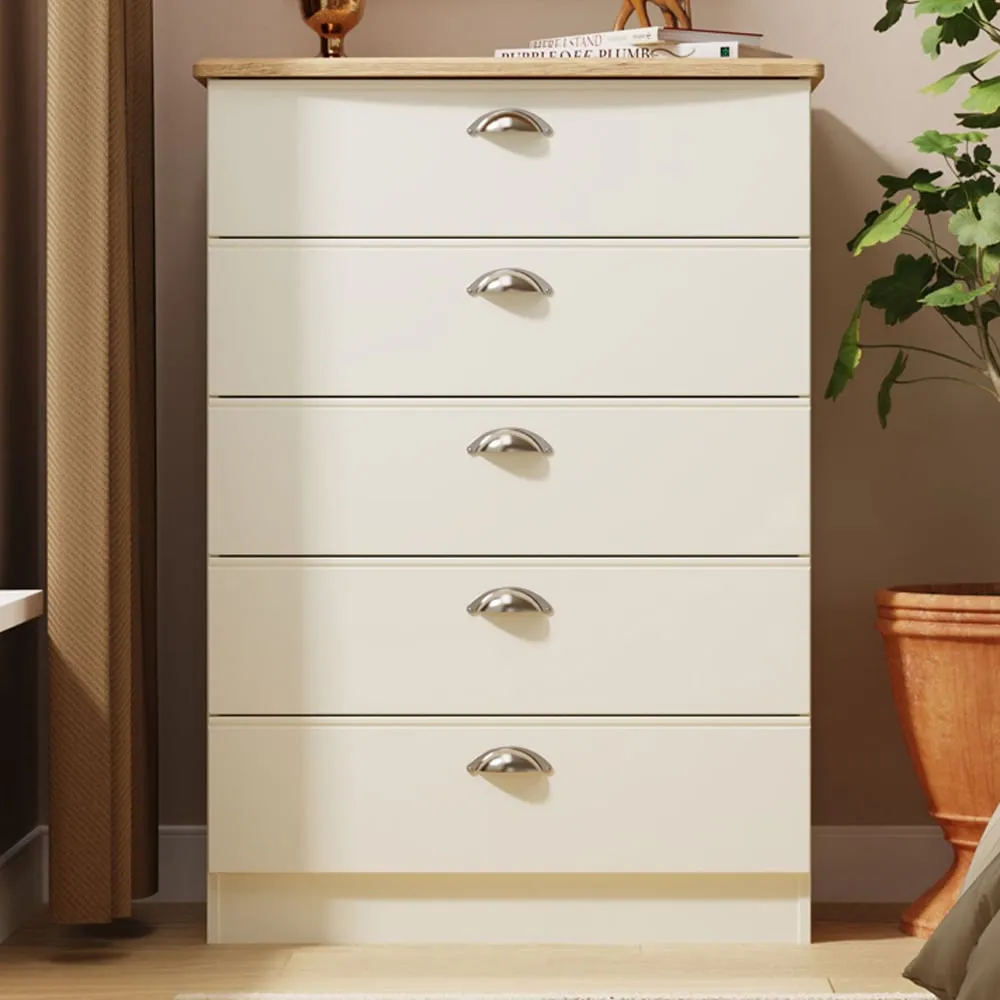 Victoria 5 Drawer Chest of Drawers - Cream, Oak