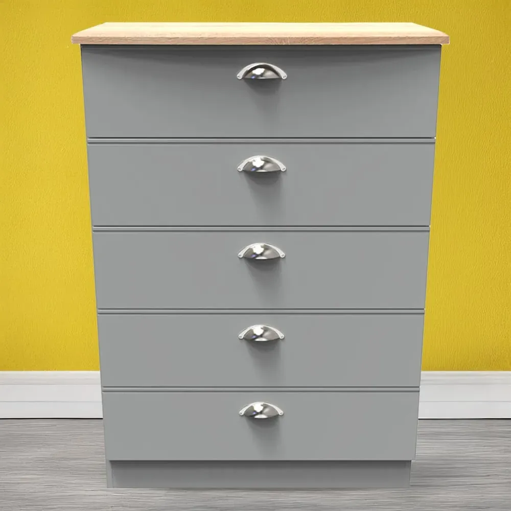 Victoria 5 Drawer Chest of Drawers - Grey, Oak