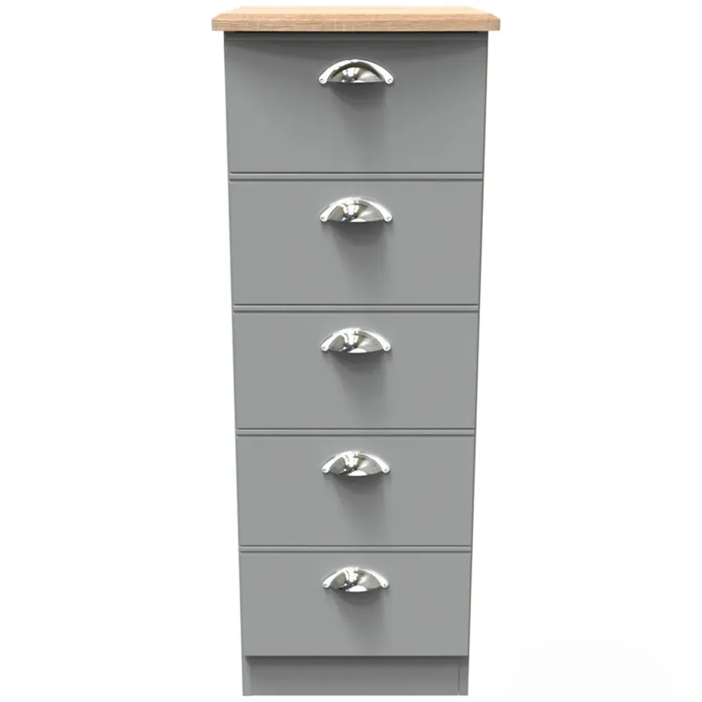 Victoria 5 Drawer Tall Bedside Cabinet - Grey, Oak