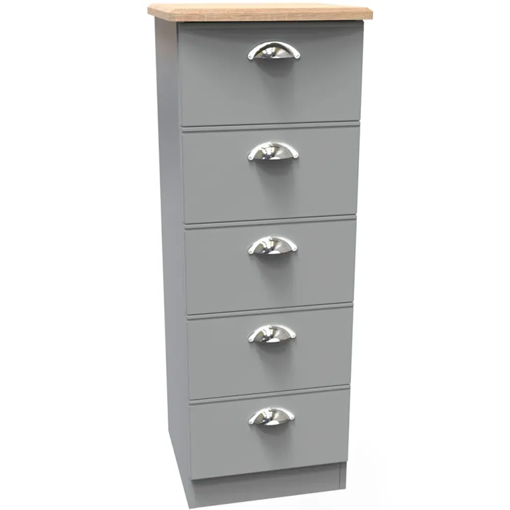 Victoria 5 Drawer Tall Bedside Cabinet - Grey, Oak