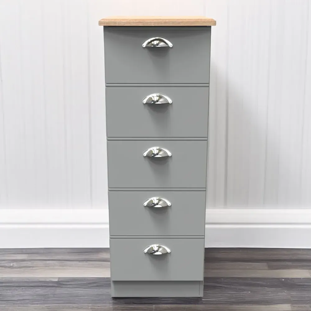 Victoria 5 Drawer Tall Bedside Cabinet - Grey, Oak