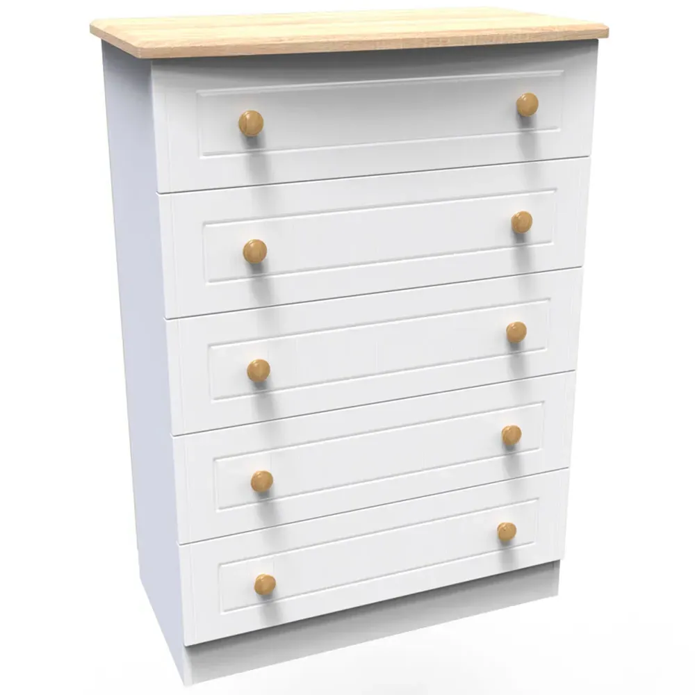 Warwick 5 Drawer Chest of Drawers - White, Ash and Oak