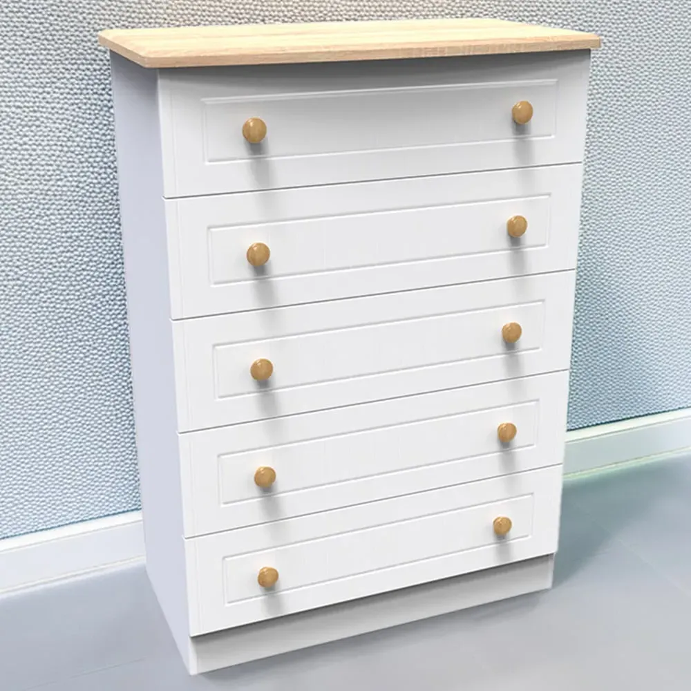 Warwick 5 Drawer Chest of Drawers - White, Ash and Oak