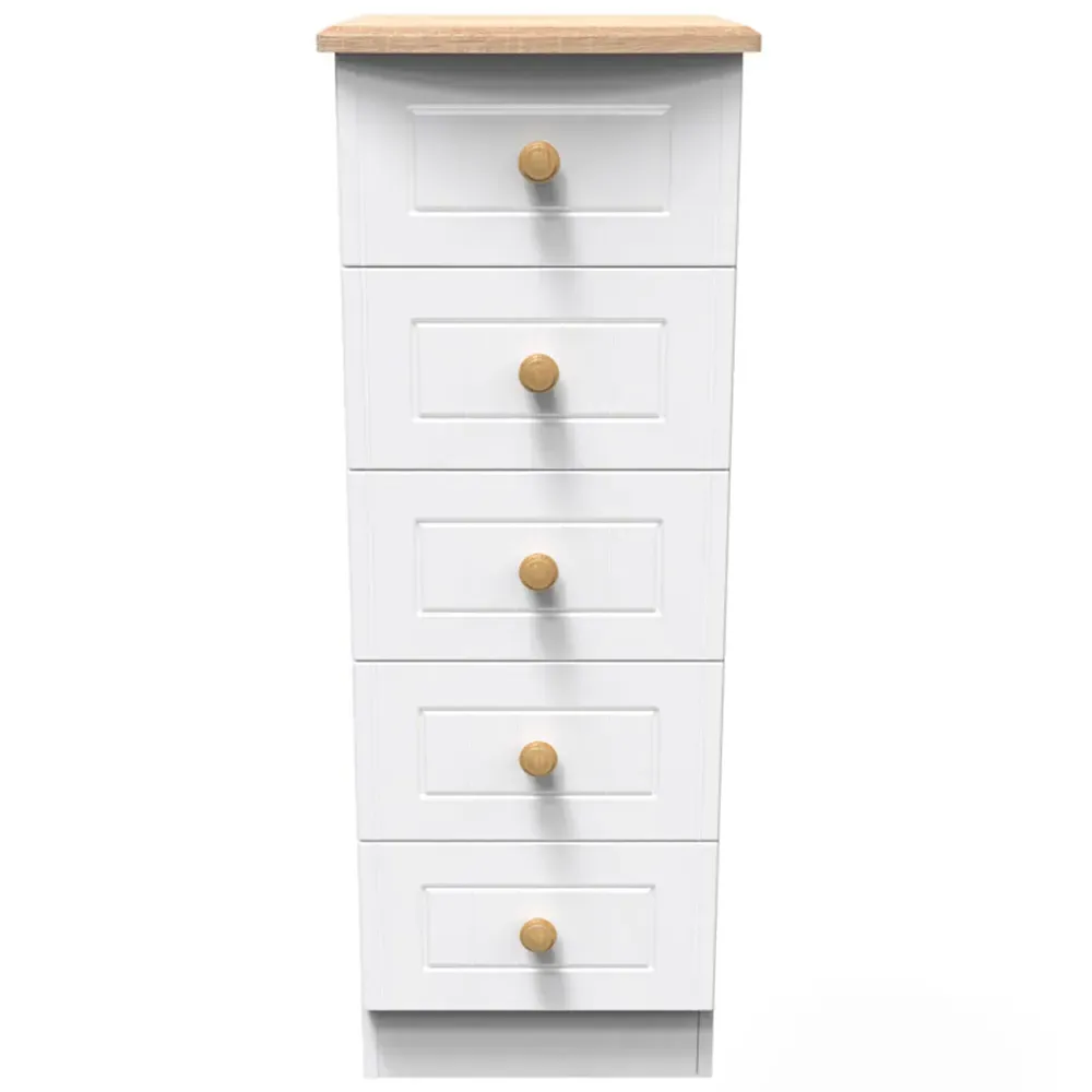 Warwick 5 Drawer Tall Bedside Cabinet - White, Ash