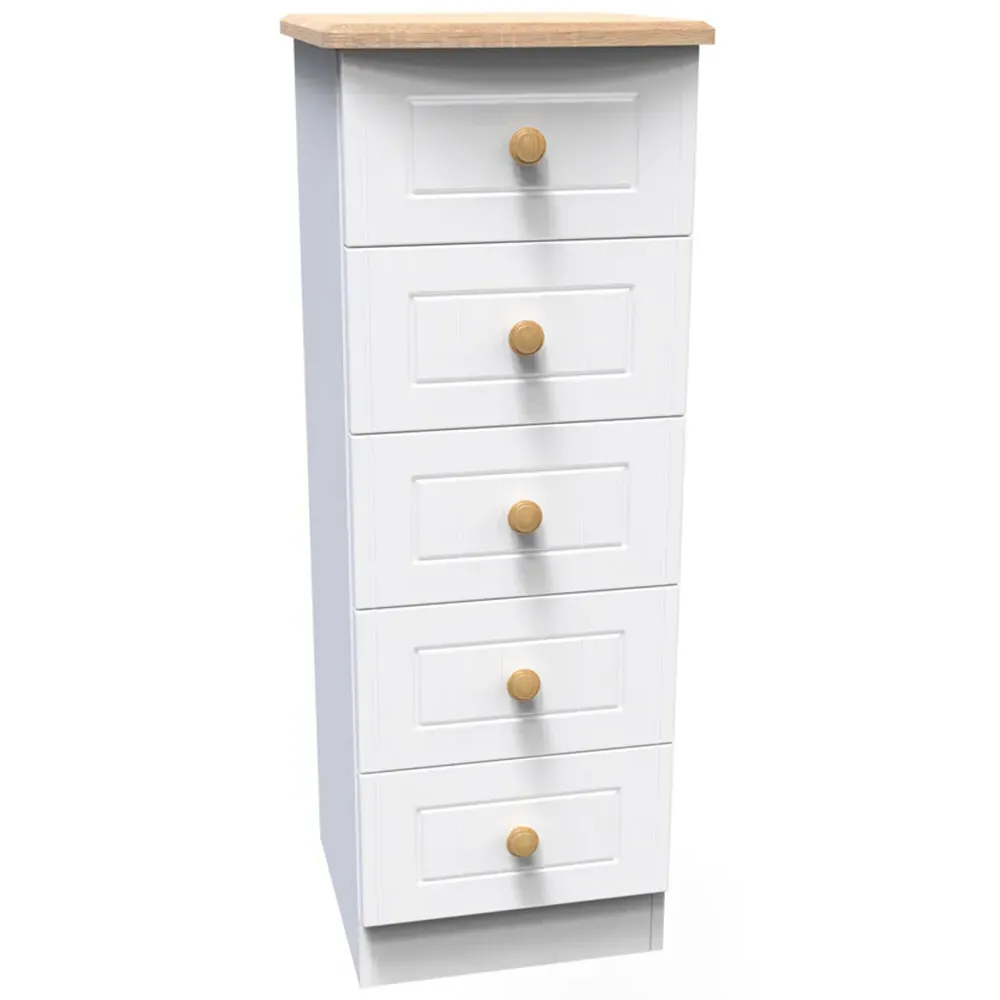 Warwick 5 Drawer Tall Bedside Cabinet - White, Ash